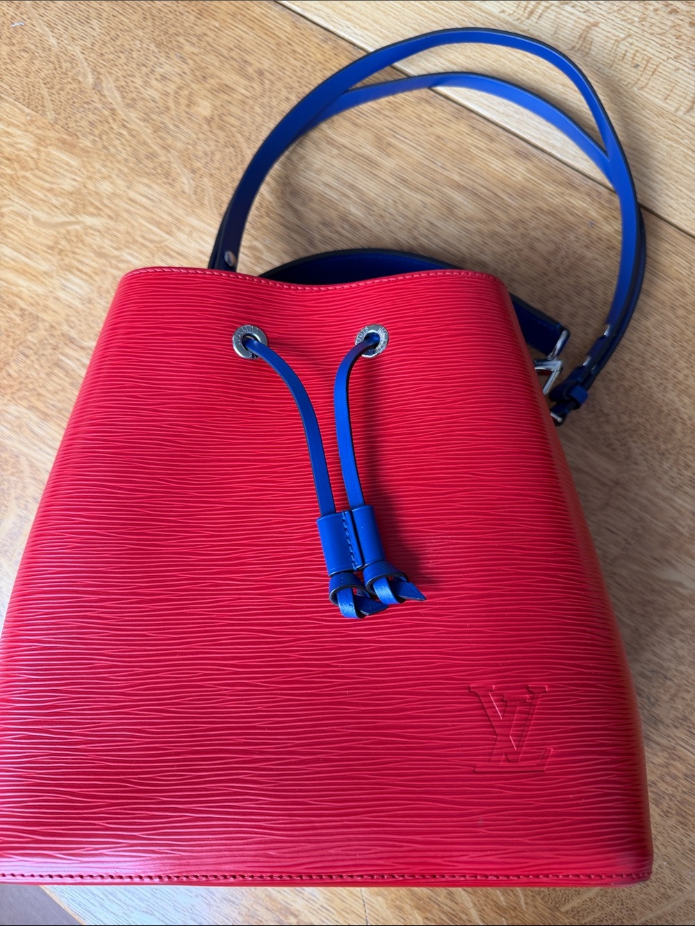 Louis Vuitton Red Epi Leather Bucket Bag with Blue Strap